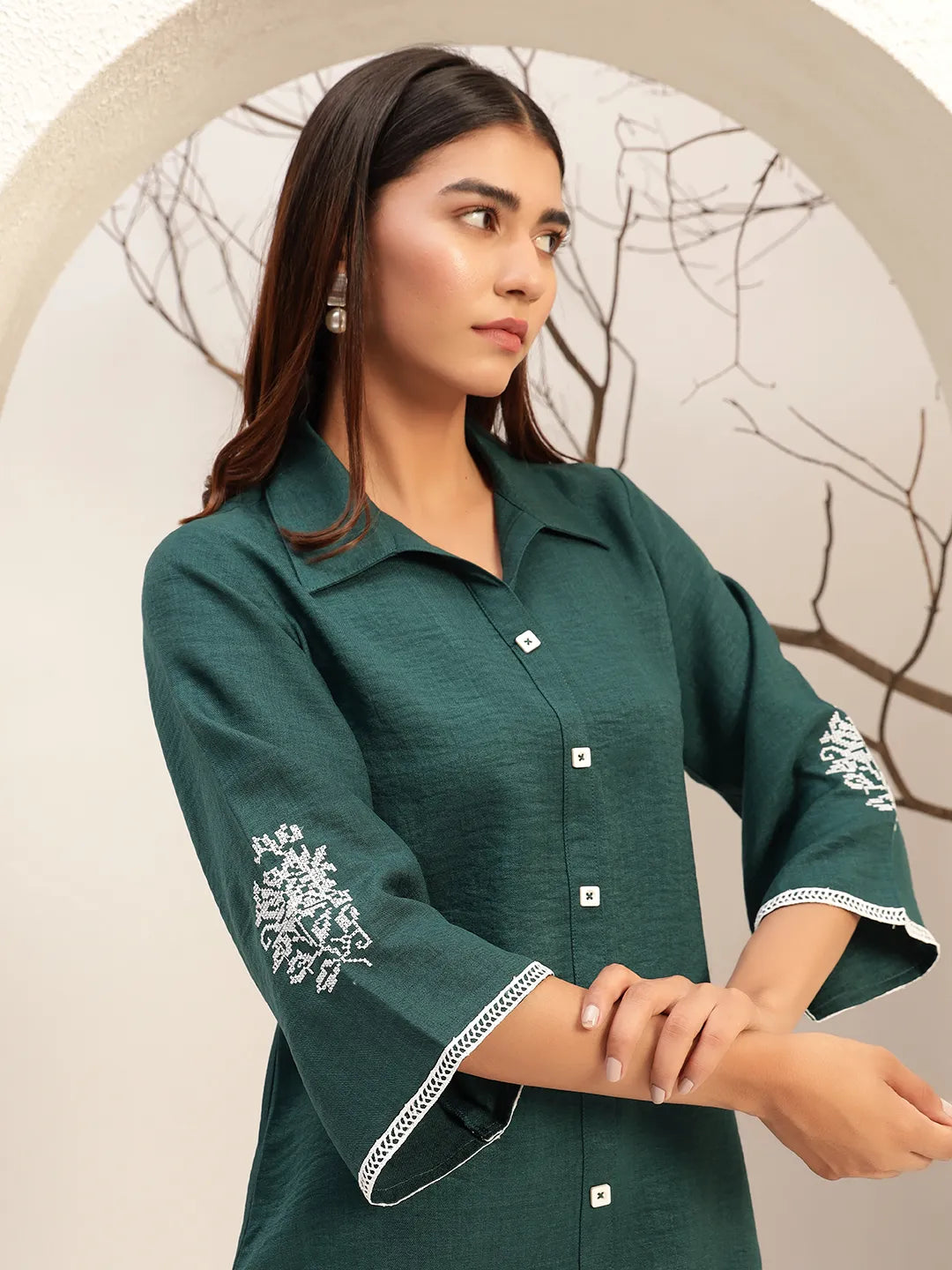 Lace Detailed Shirt Collar Shirt With Trouser Co-Ords