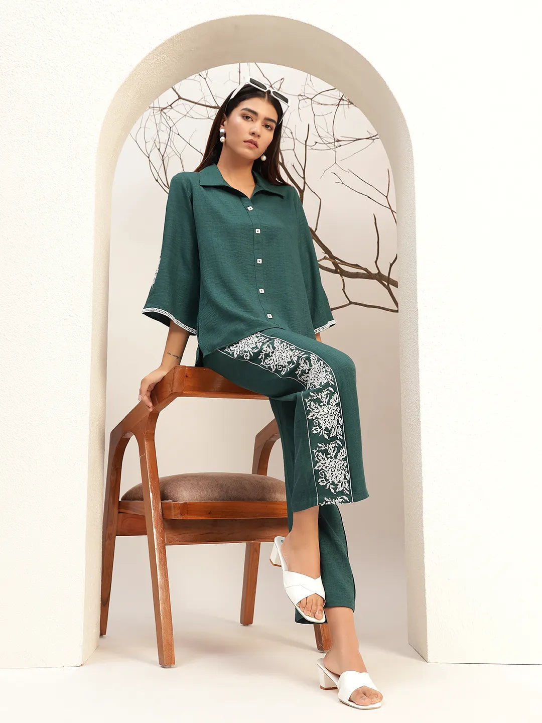 Lace Detailed Shirt Collar Shirt With Trouser Co-Ords