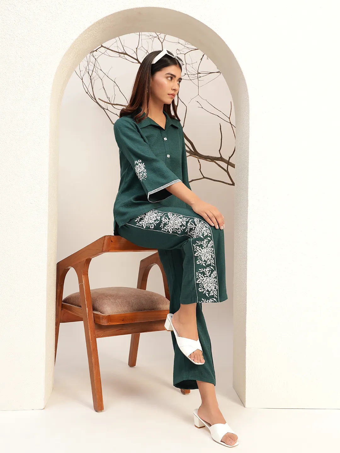 Lace Detailed Shirt Collar Shirt With Trouser Co-Ords