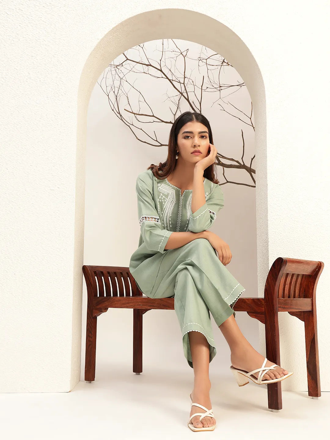 Green Color With Embroidery Round Neck Casual Tunic With Trouser Co-Ords Set