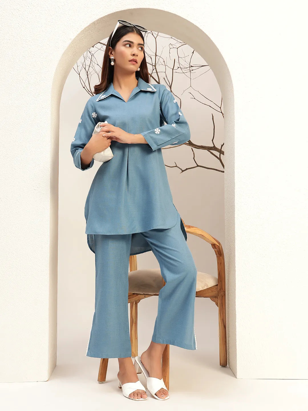 Blue Color With Collar Neck Casual Tunic With Trouser Co-Ords Set