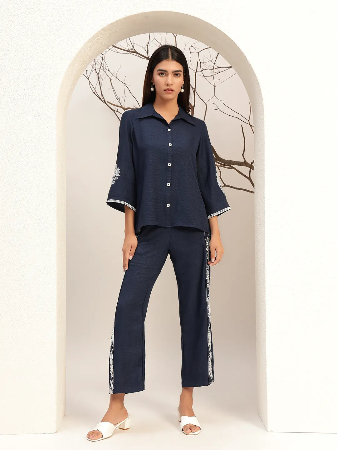 Lace Detailed Shirt Collar Shirt With Trouser Co-Ords