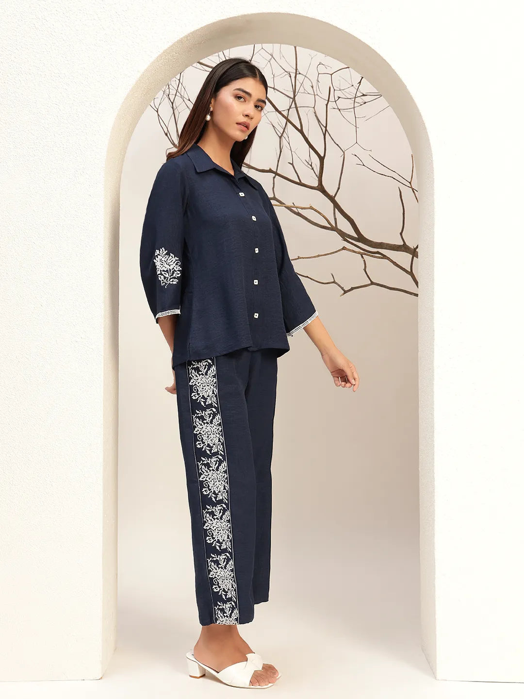 Lace Detailed Shirt Collar Shirt With Trouser Co-Ords