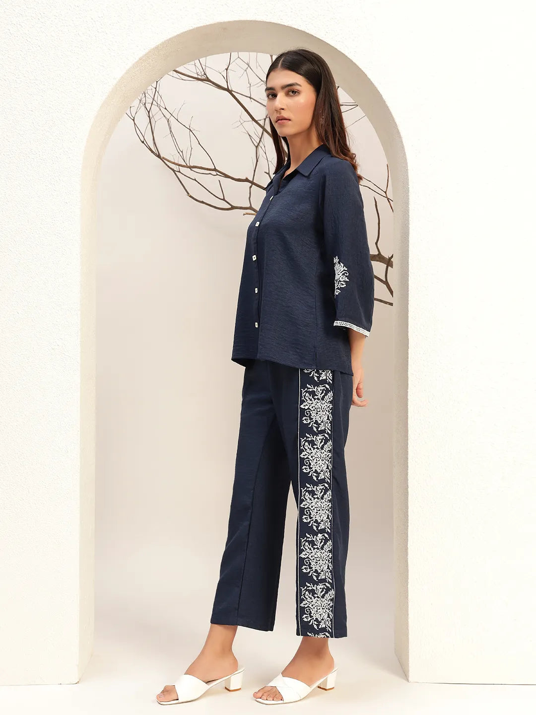 Lace Detailed Shirt Collar Shirt With Trouser Co-Ords