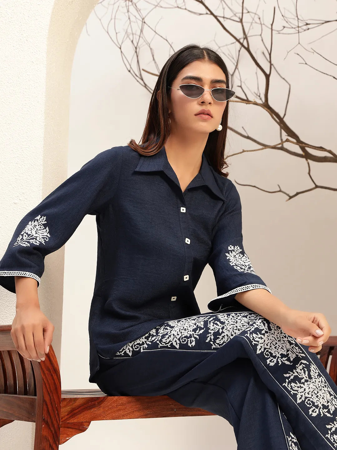 Lace Detailed Shirt Collar Shirt With Trouser Co-Ords