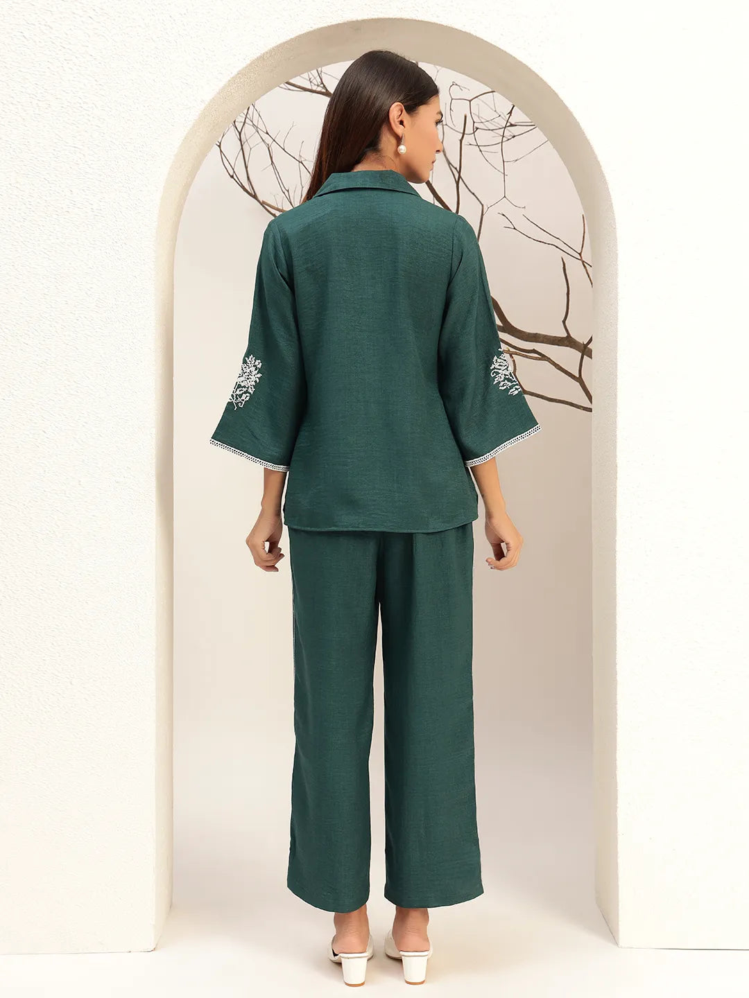 Lace Detailed Shirt Collar Shirt With Trouser Co-Ords