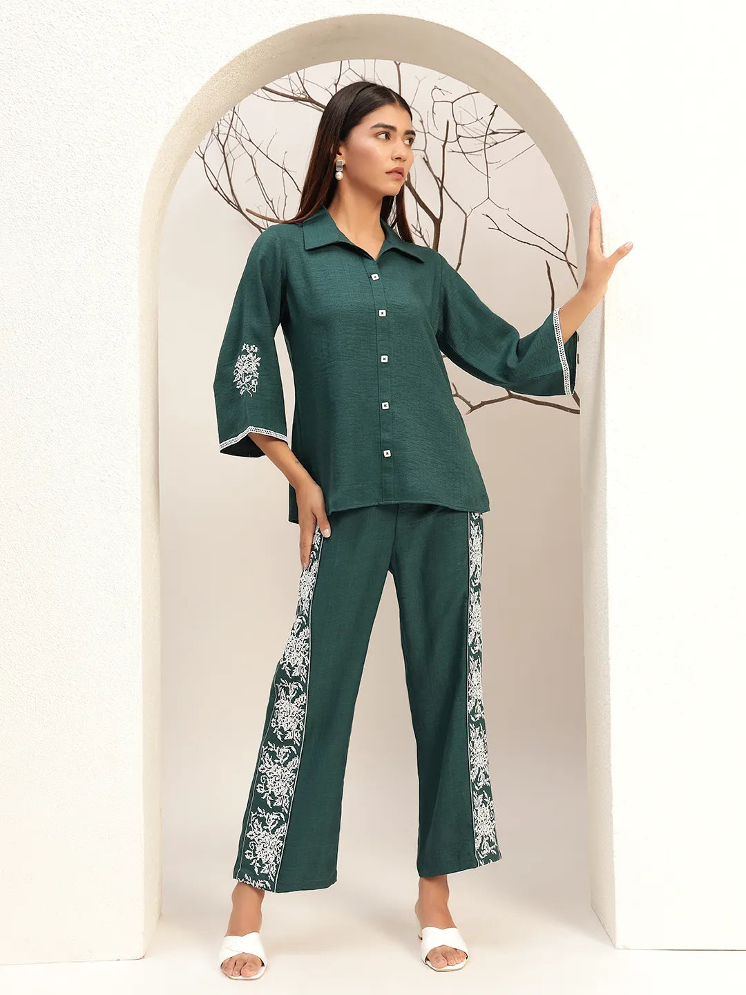 Lace Detailed Shirt Collar Shirt With Trouser Co-Ords