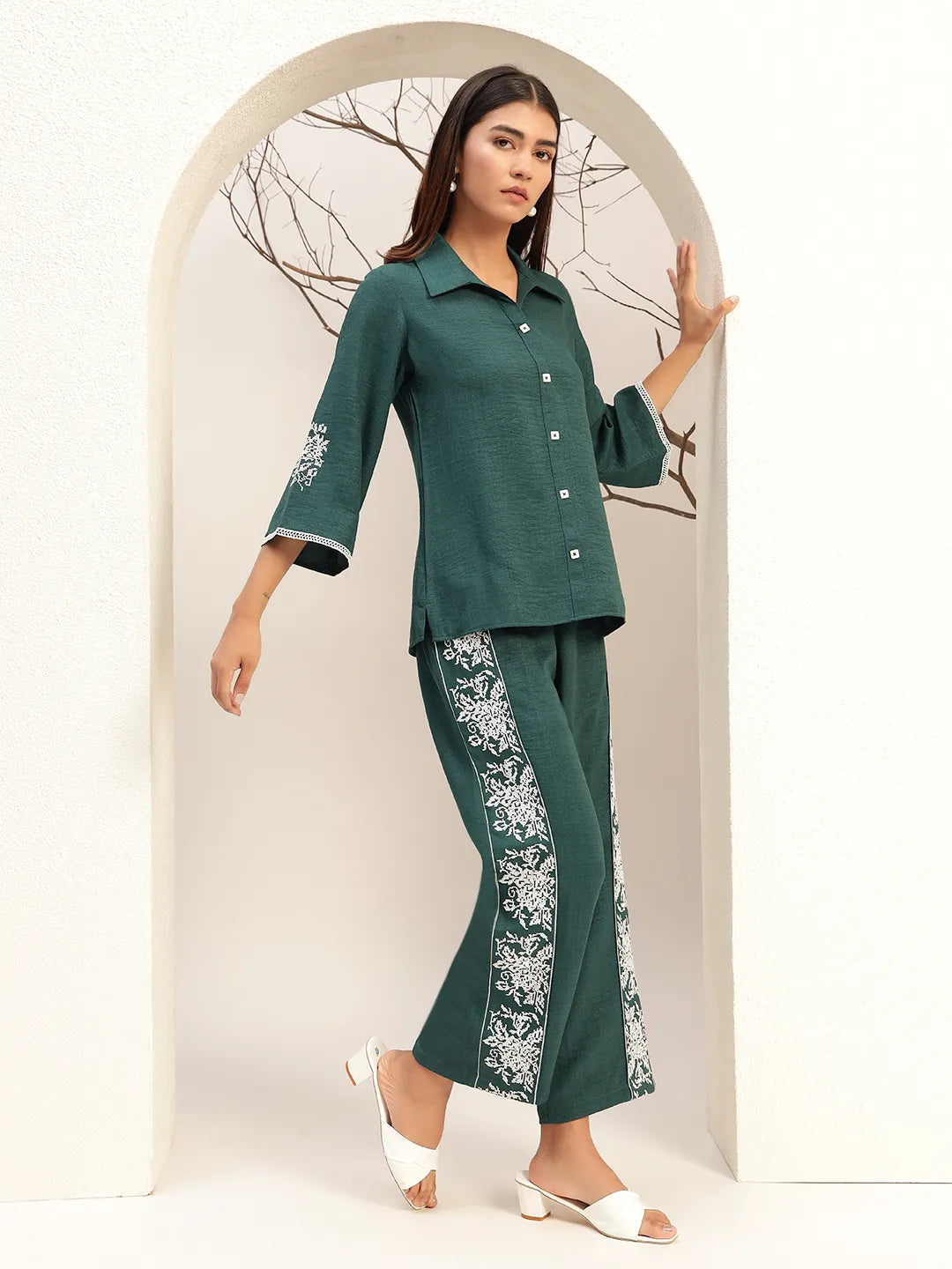 Lace Detailed Shirt Collar Shirt With Trouser Co-Ords