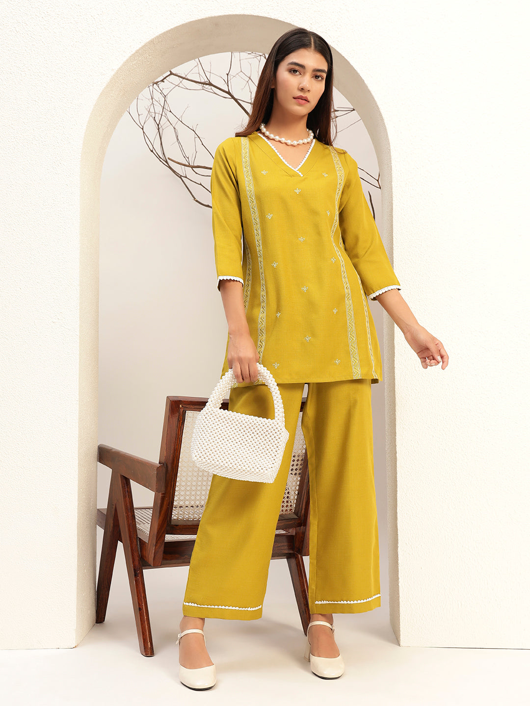 Lime Green Color V-Neck Caual Tunic with Trouser Co-Ords Set