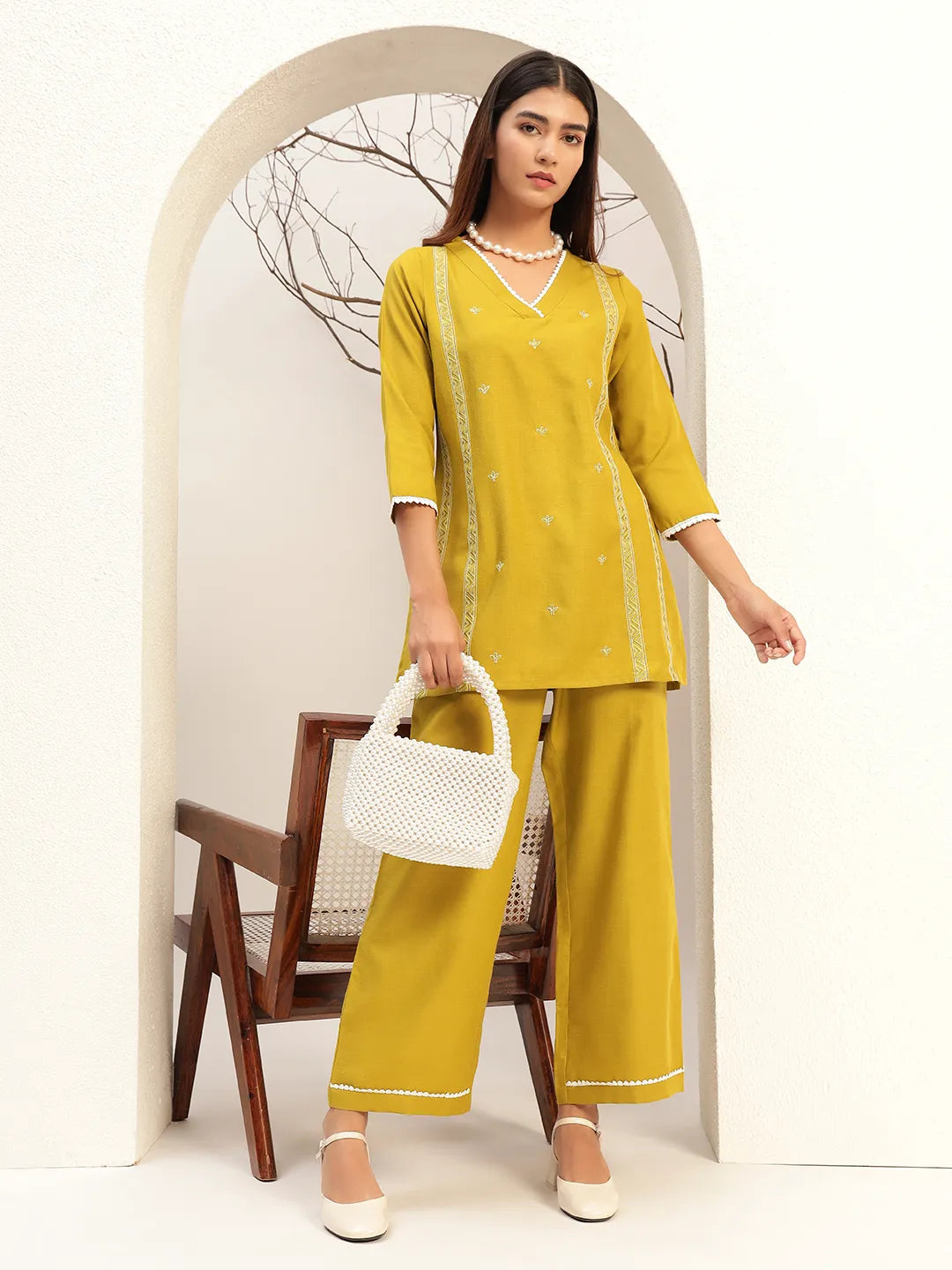 Lime Green Color V-Neck Casual Tunic With Trouser Co-Ords Set