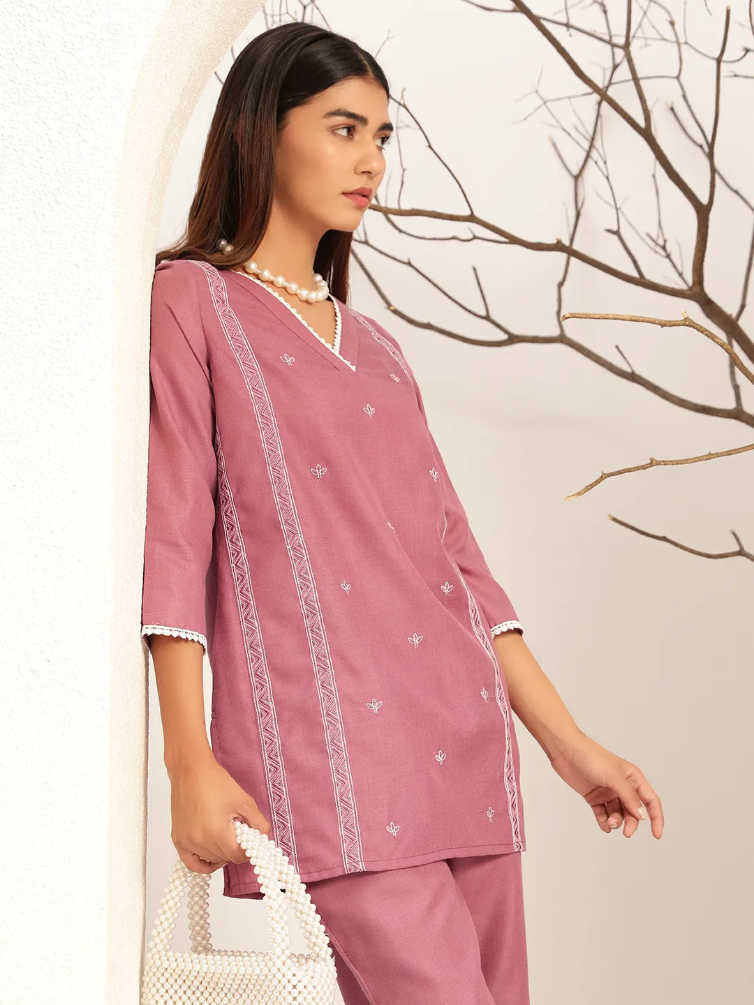 Purple Color V-Neck Casual Tunic With Trouser Co-Ords Set