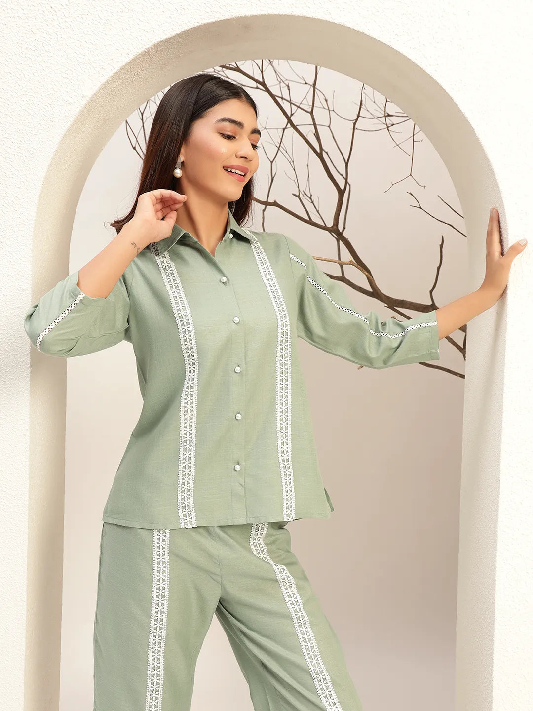 Green Color Collar Neck Casual Tunic With Trouser Co-Ords Set