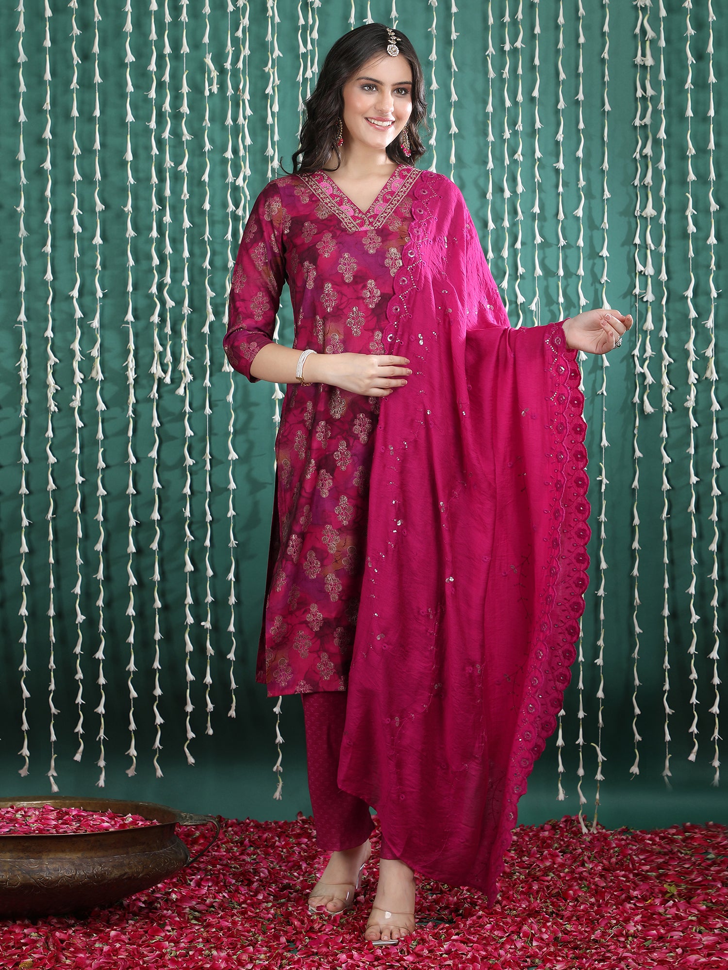 Women Ethnic Motifs Printed Regular Thread Work Kurta with Trousers & With Dupatta