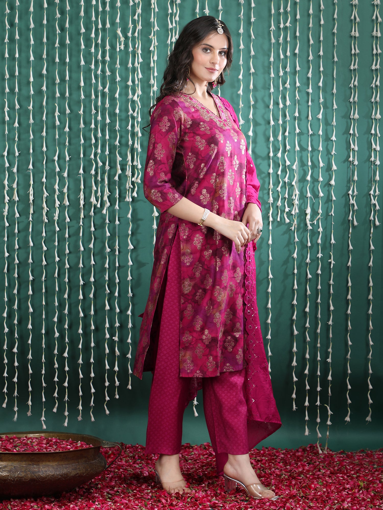 Women Ethnic Motifs Printed Regular Thread Work Kurta with Trousers & With Dupatta