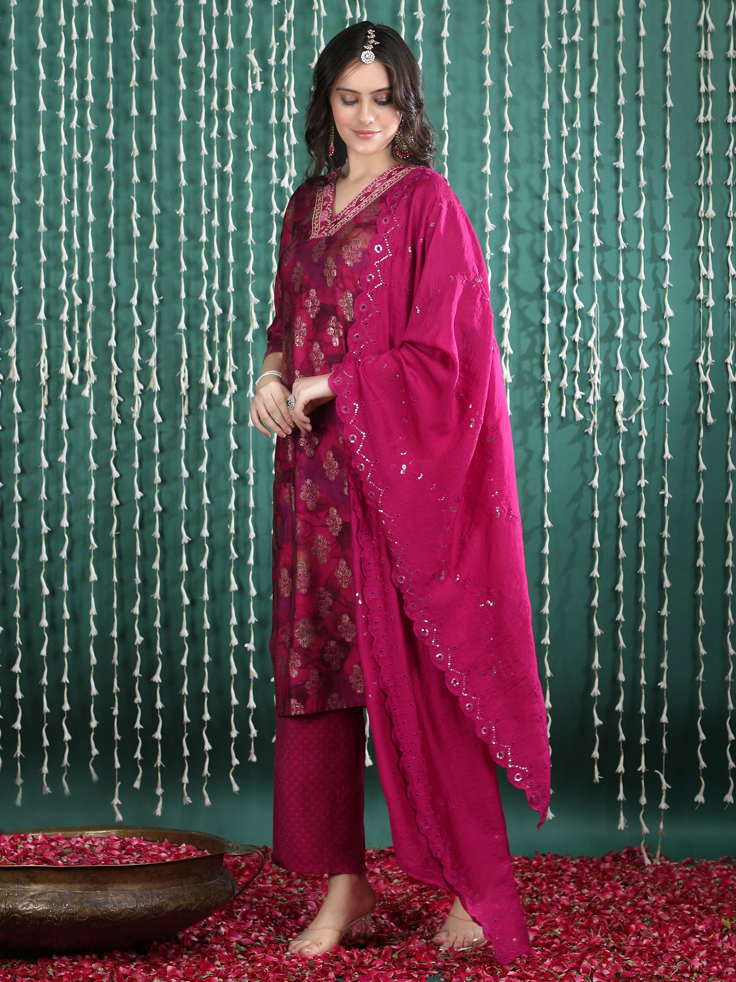 Women Ethnic Motifs Printed Regular Thread Work Kurta with Trousers & With Dupatta