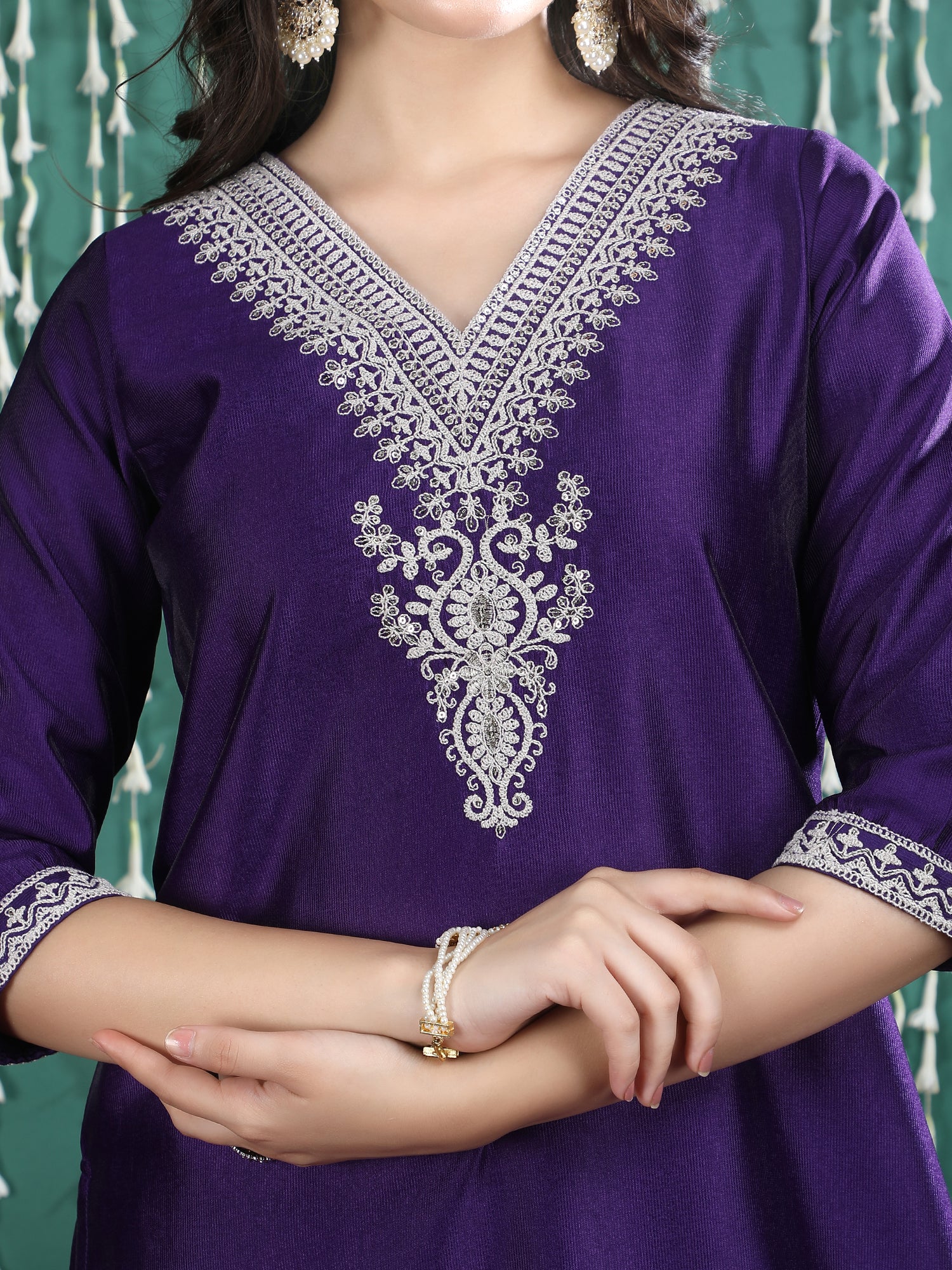 Women's Blue Embroidered Kurta Set with Straight Pants & Dupatta