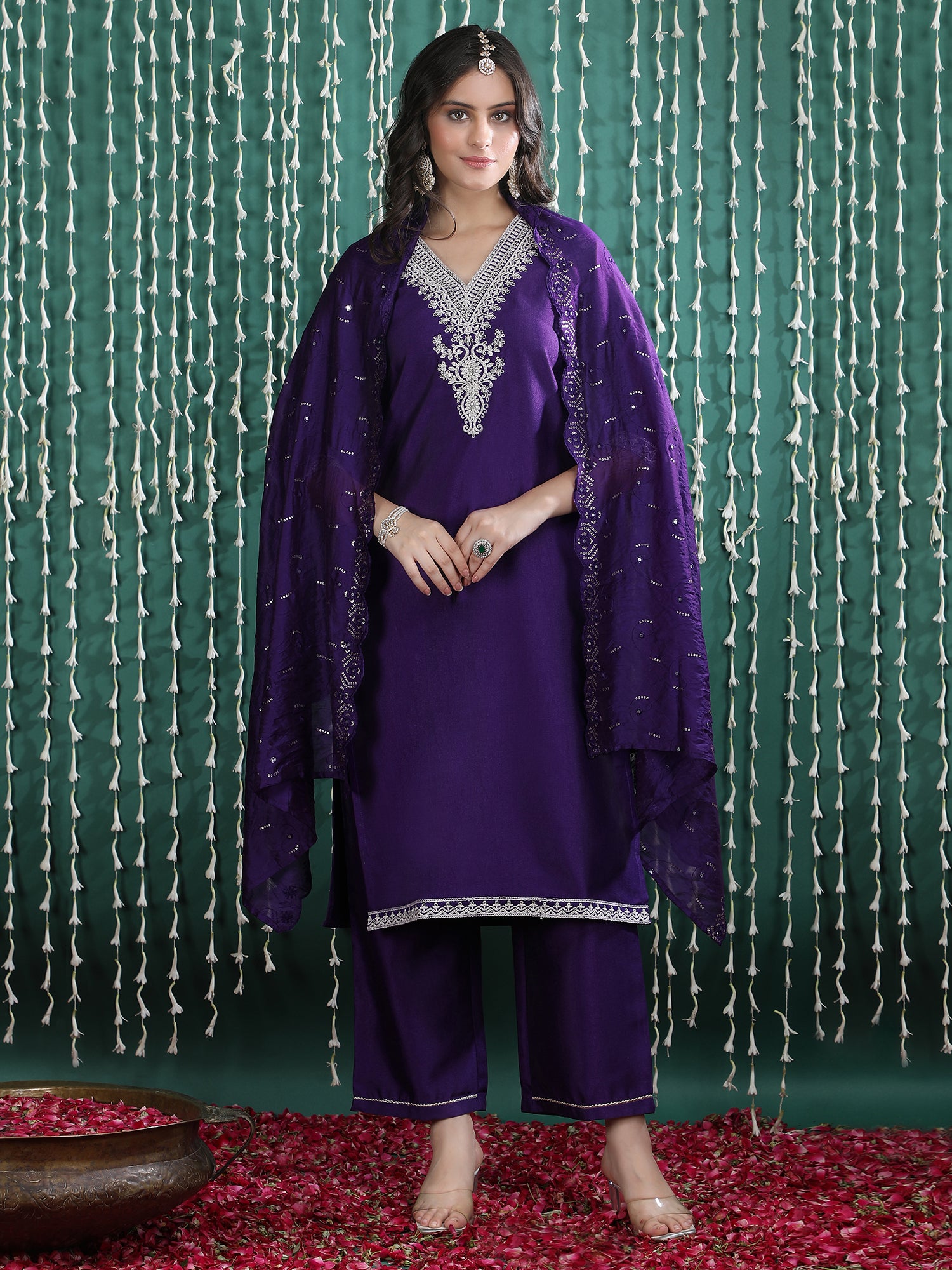 Women's Blue Embroidered Kurta Set with Straight Pants & Dupatta