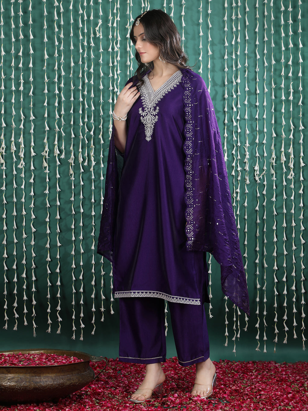 Women's Blue Embroidered Kurta Set with Straight Pants & Dupatta
