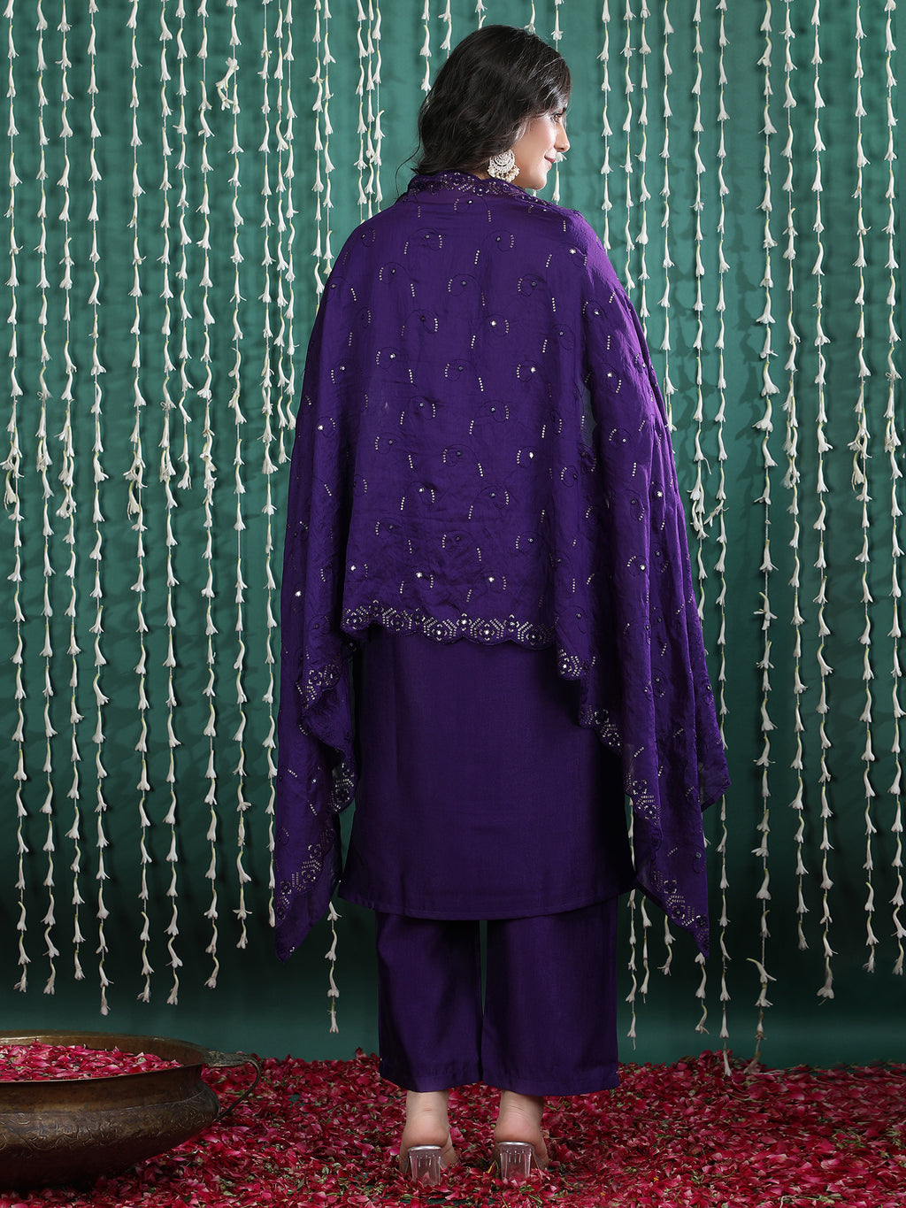 Women's Blue Embroidered Kurta Set with Straight Pants & Dupatta