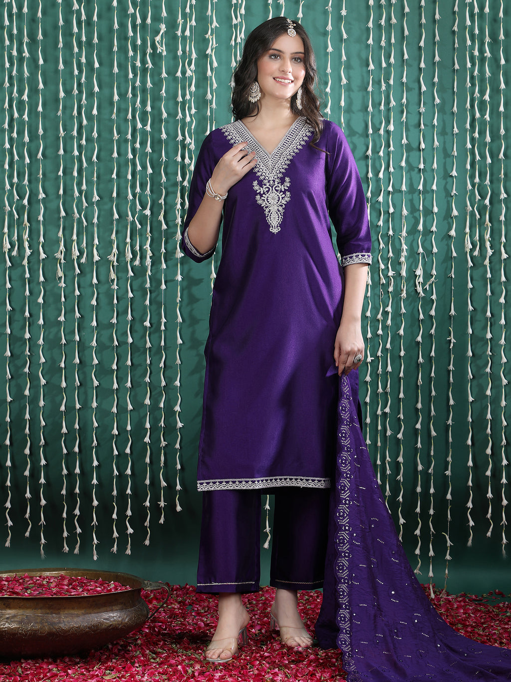 Women's Blue Embroidered Kurta Set with Straight Pants & Dupatta