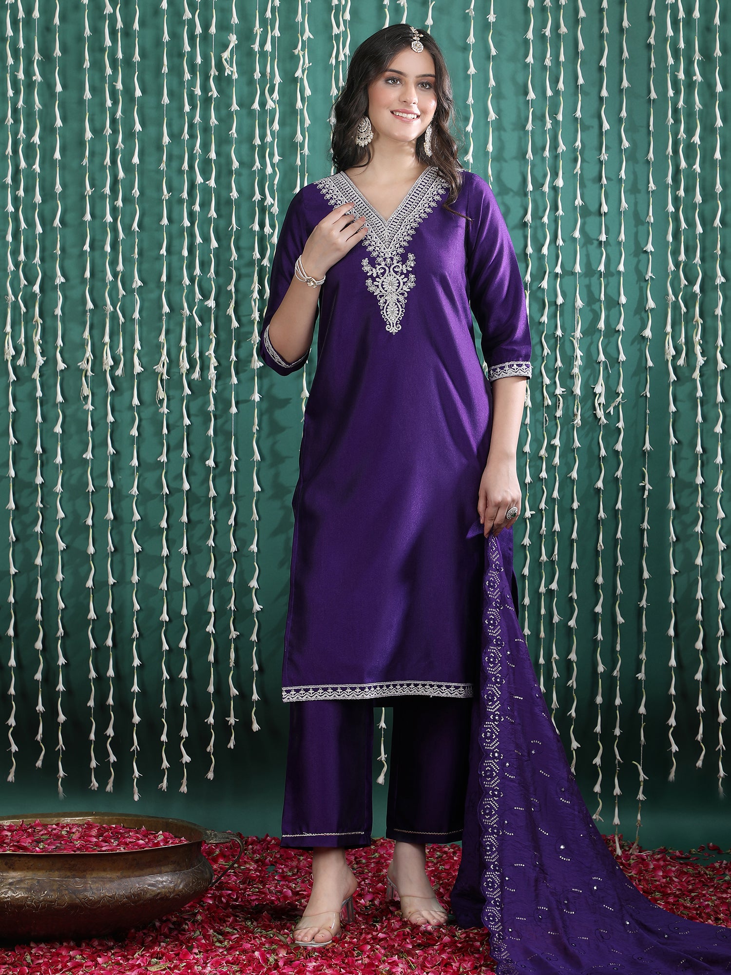 Women's Blue Embroidered Kurta Set with Straight Pants & Dupatta