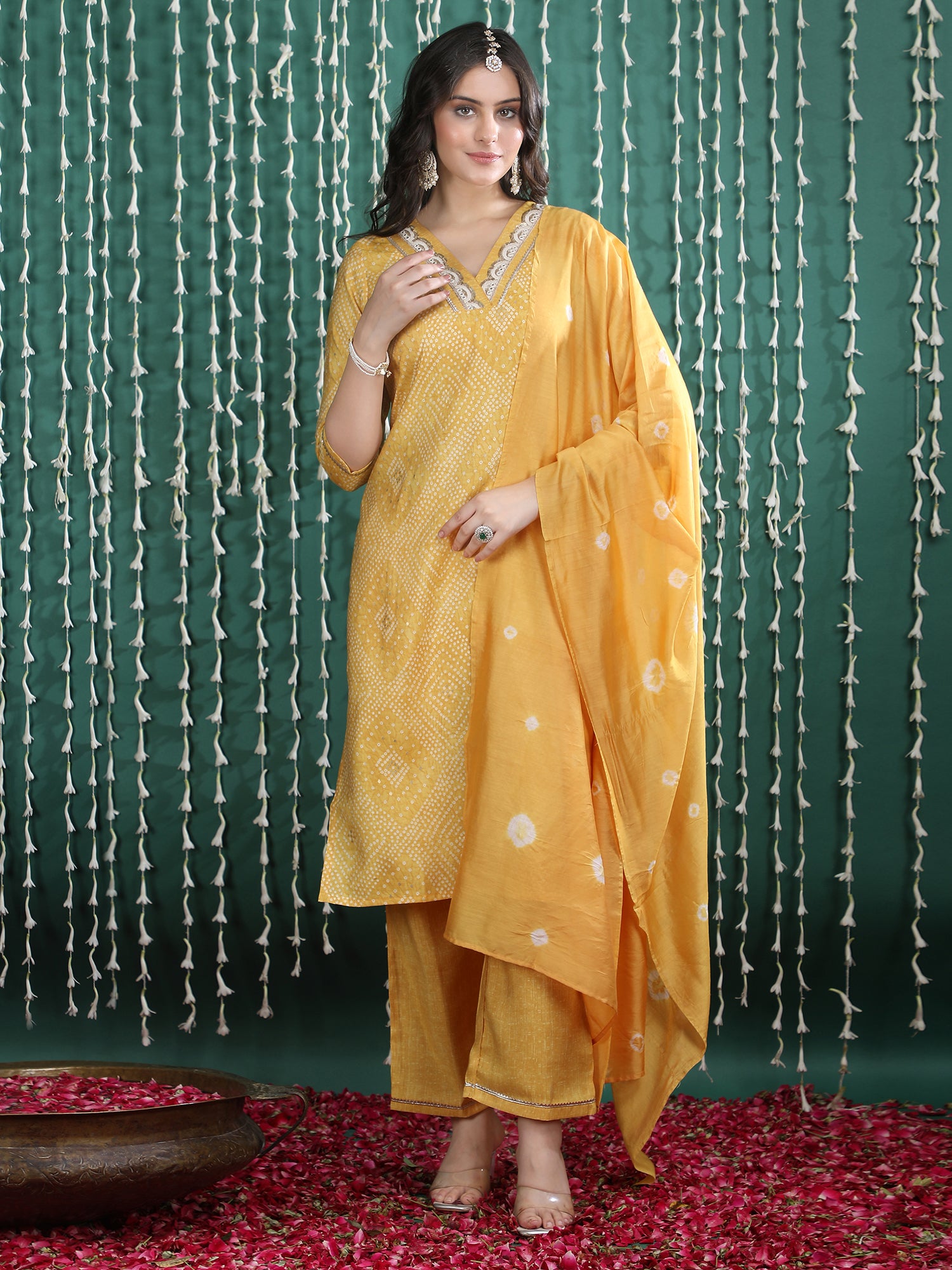 Women Ethnic Motifs Printed Regular Gotta Patti Kurta with Trousers & With Dupatta