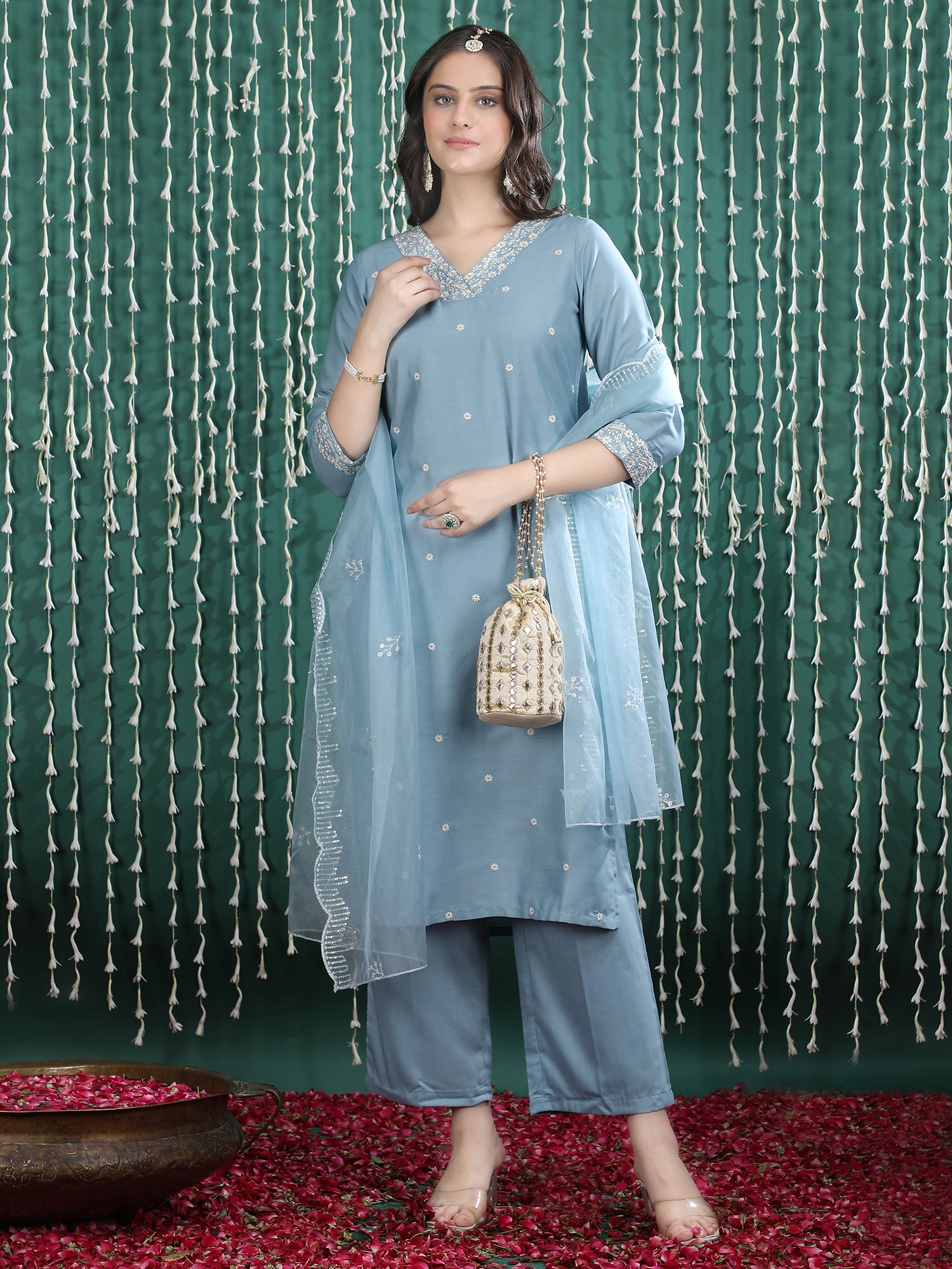 Women Ethnic Motifs Embroidered Regular Thread Work Kurta with Trousers & With Dupatta