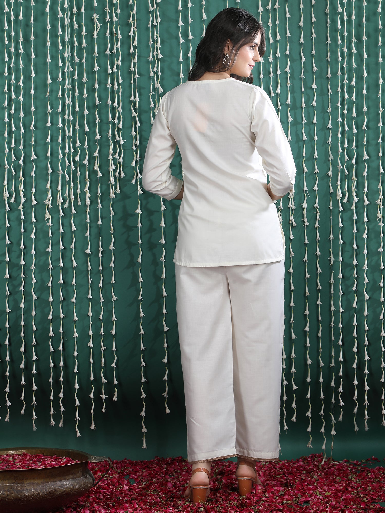 Embroidered Shirt Collar Tunic With Trousers Co-Ords