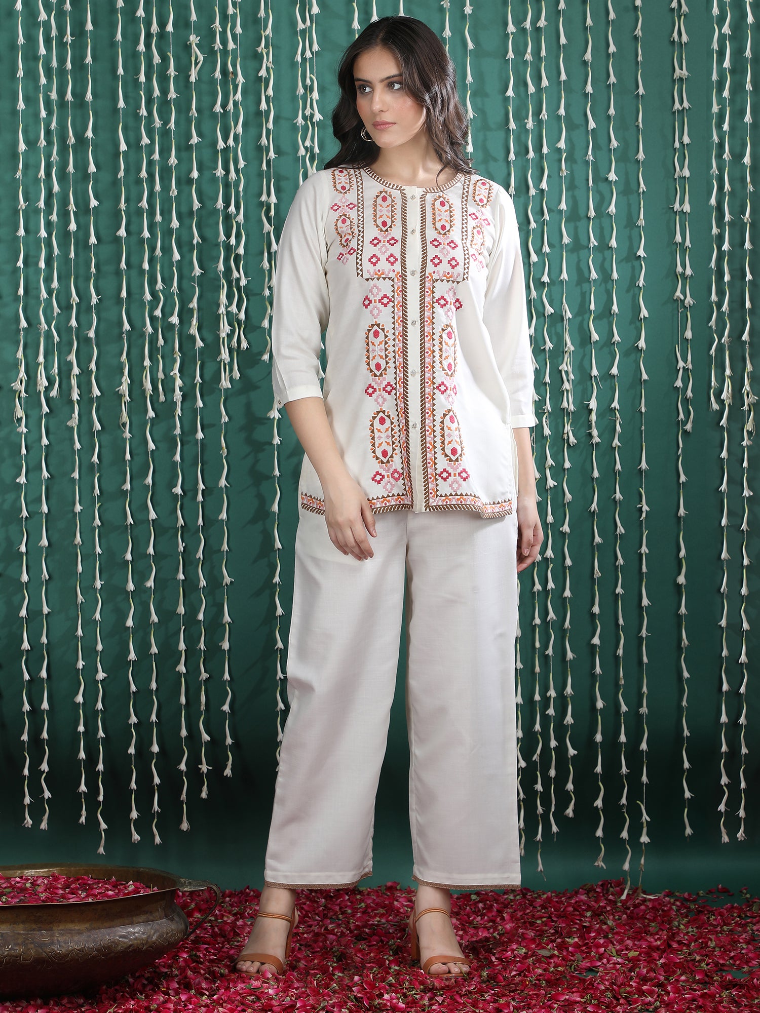 Embroidered Shirt Collar Tunic With Trousers Co-Ords