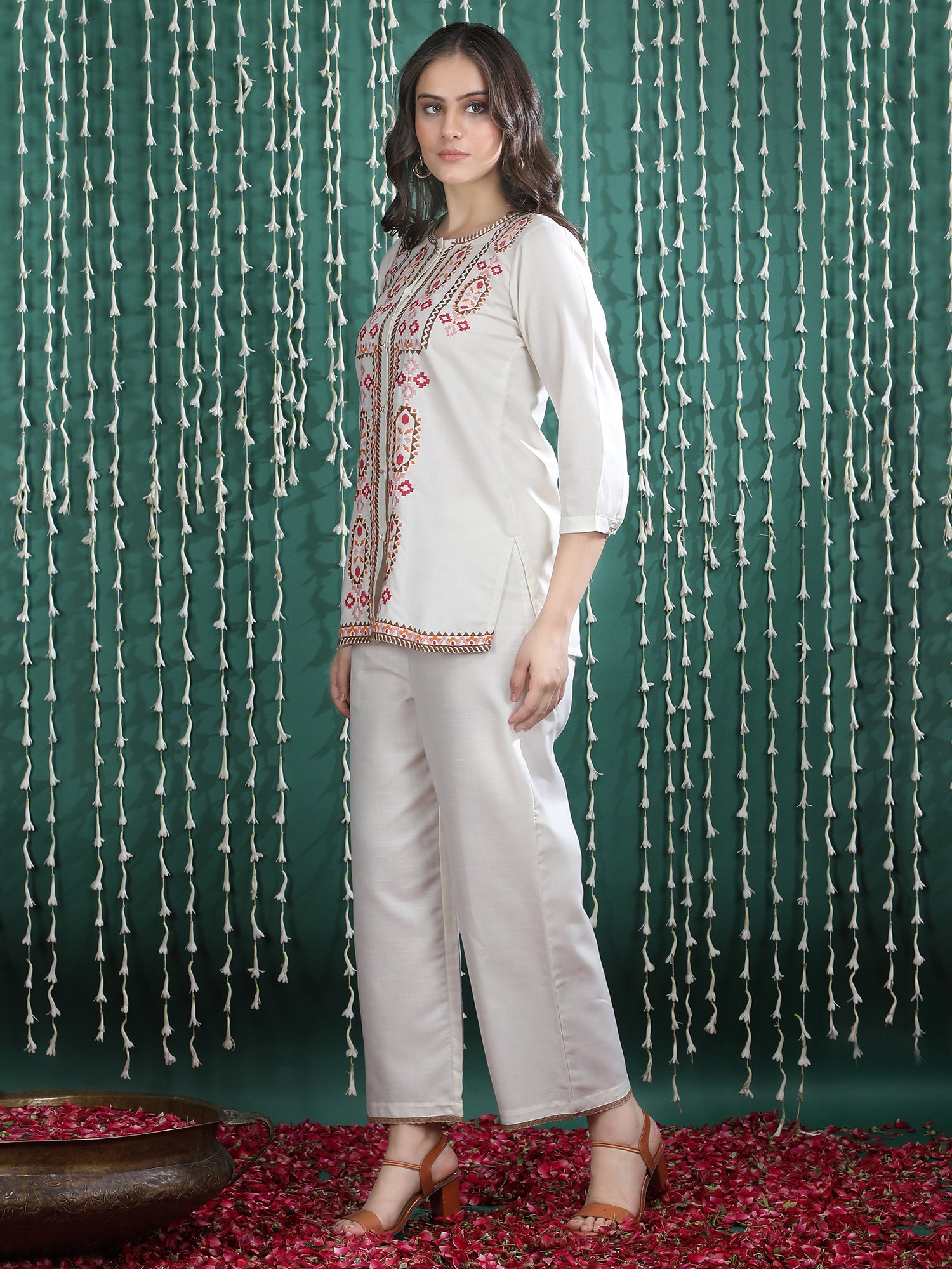 Embroidered Shirt Collar Tunic With Trousers Co-Ords