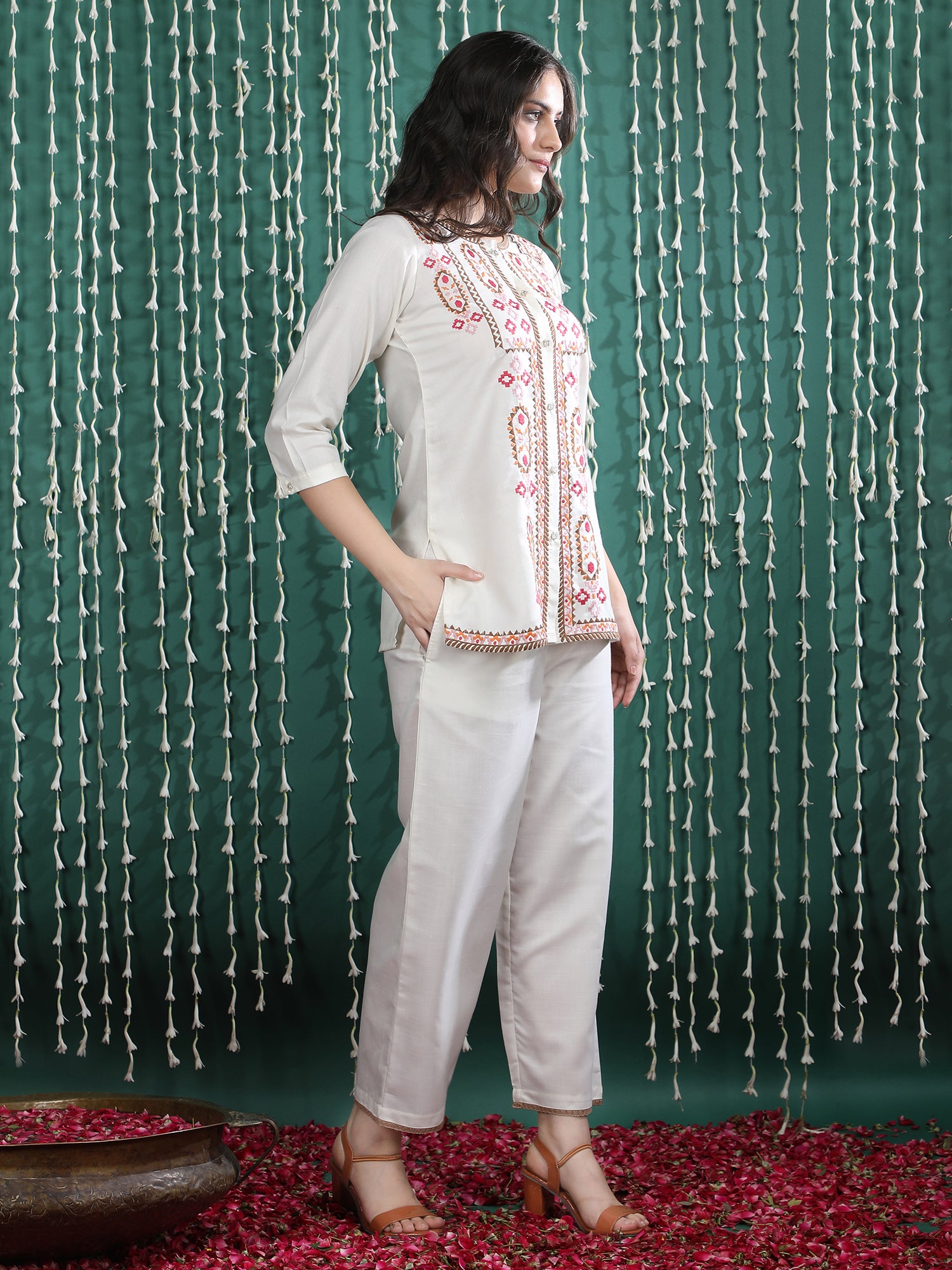 Embroidered Shirt Collar Tunic With Trousers Co-Ords