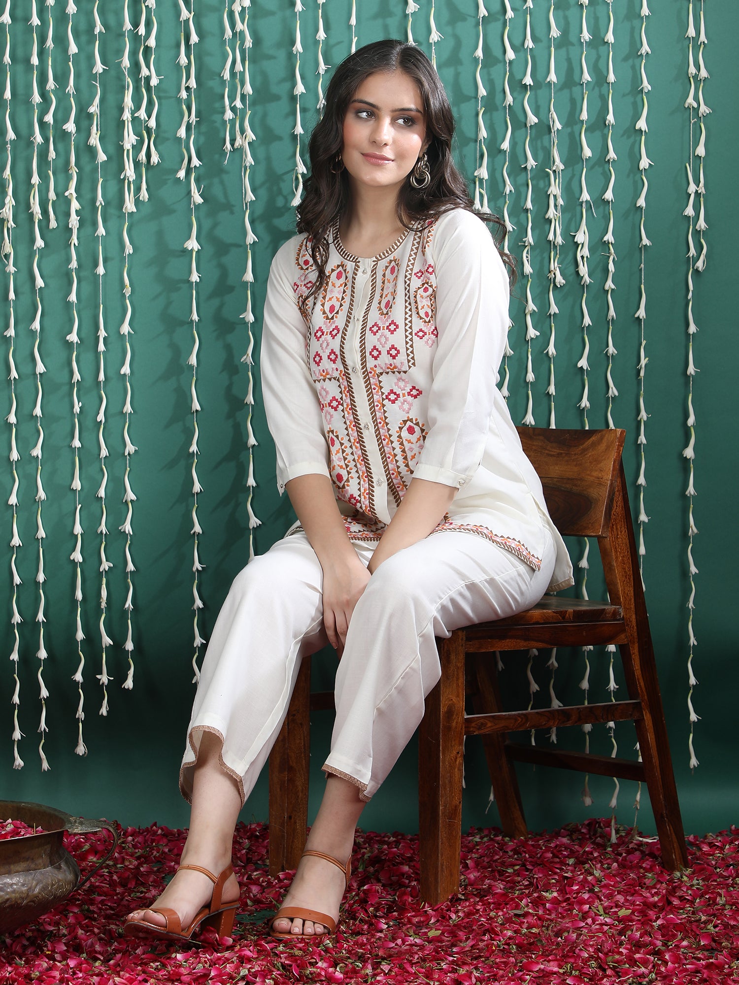 Embroidered Shirt Collar Tunic With Trousers Co-Ords
