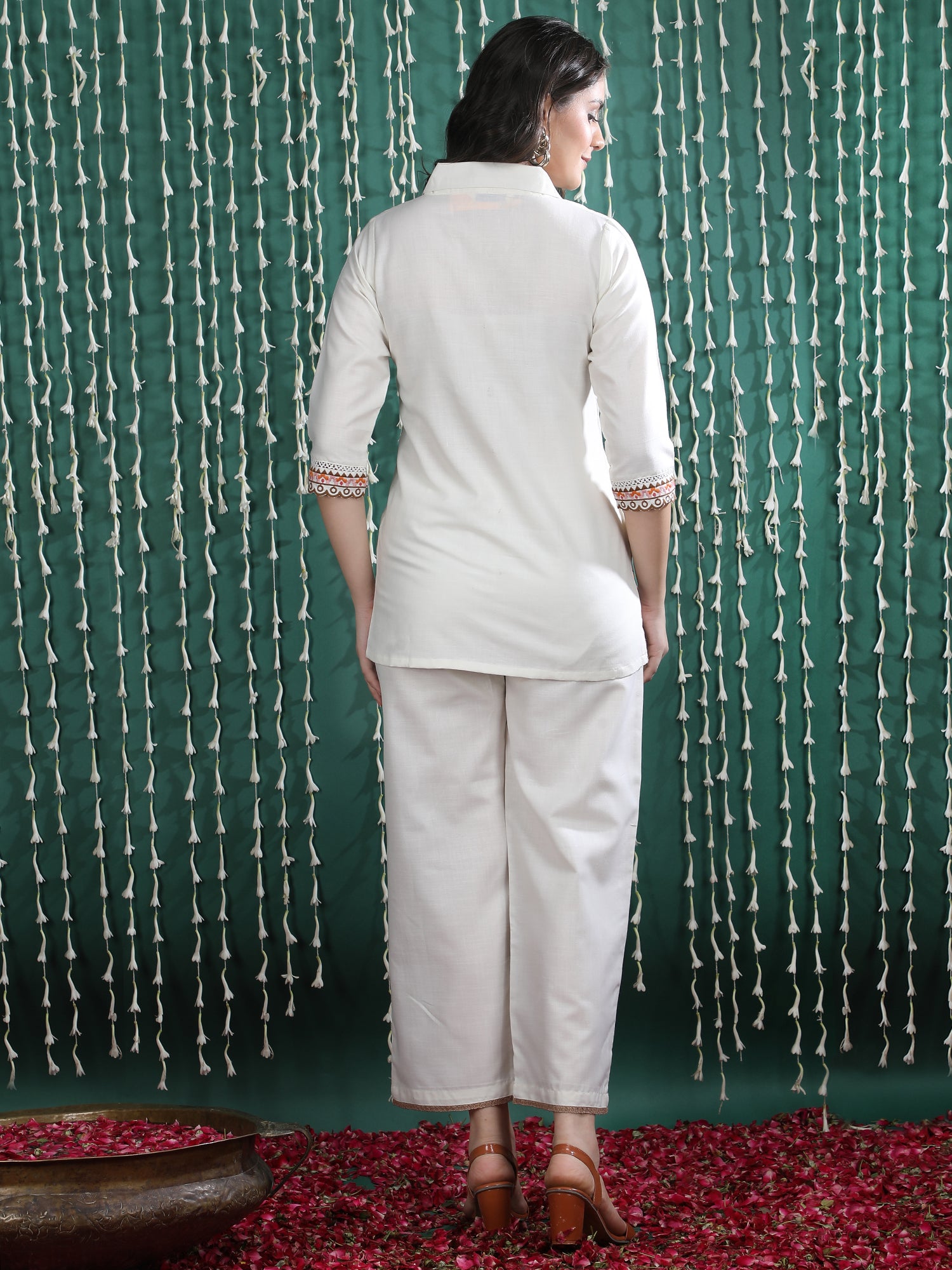 Embroidered Shirt Collar Tunic With Trousers Co-Ords