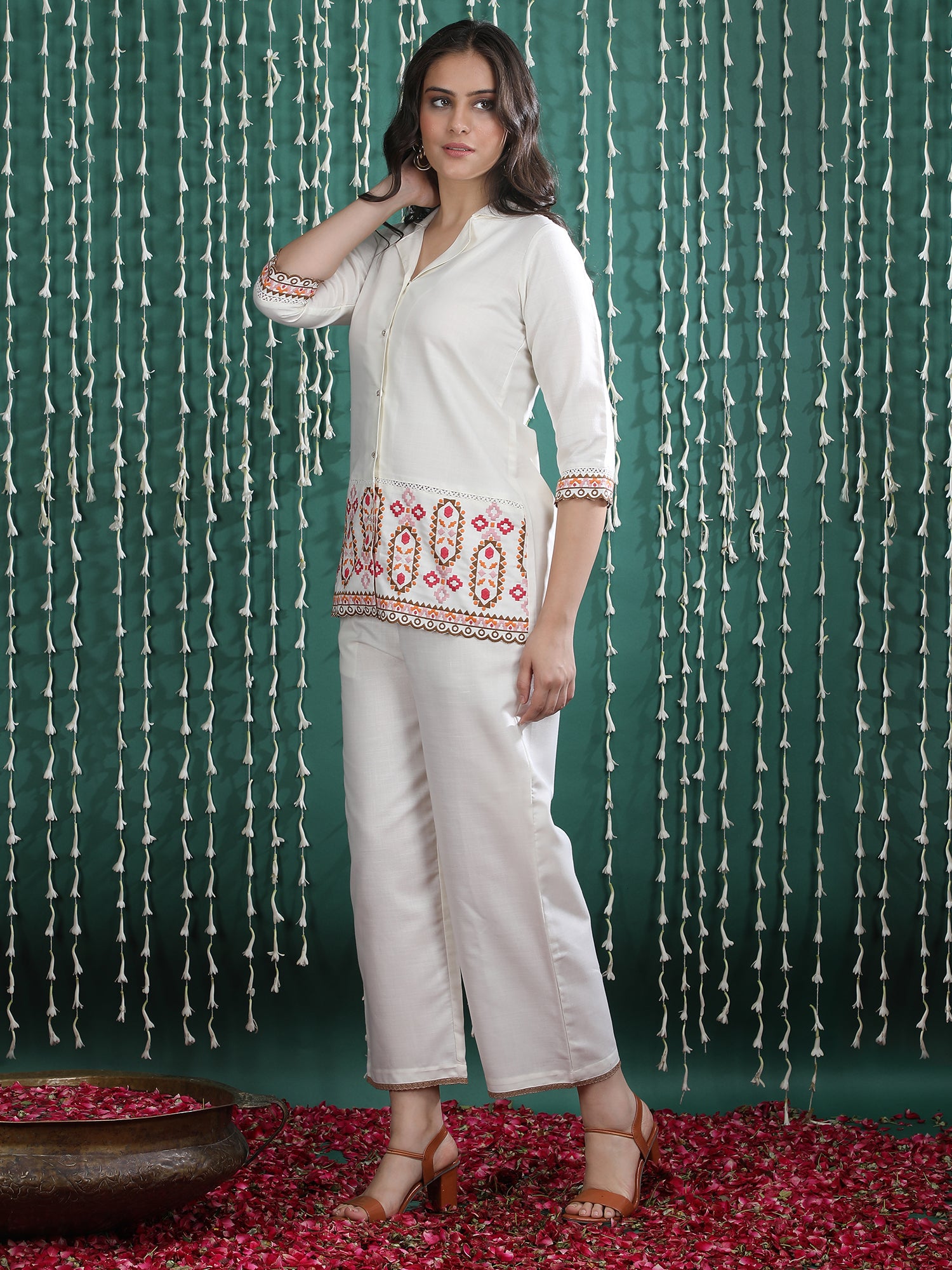 Embroidered Shirt Collar Tunic With Trousers Co-Ords