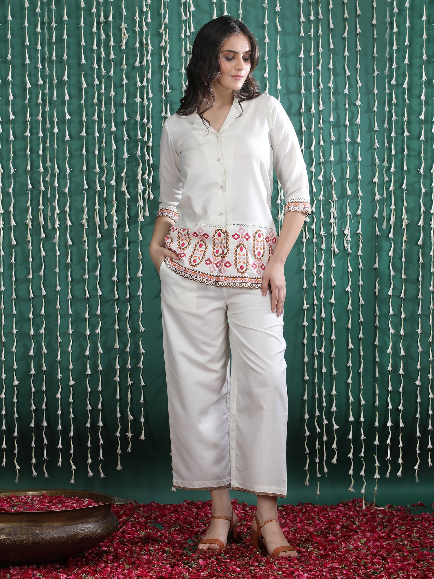 Embroidered Shirt Collar Tunic With Trousers Co-Ords