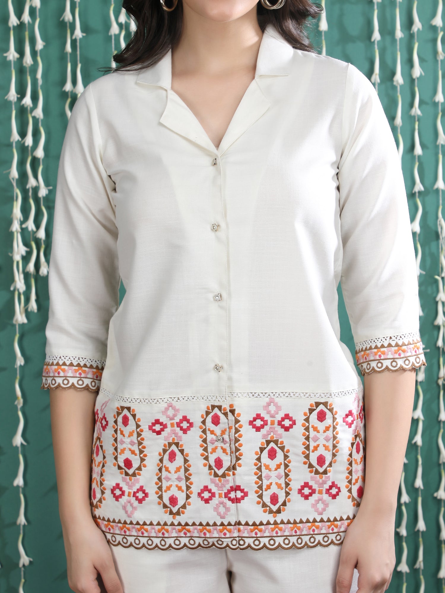 Embroidered Shirt Collar Tunic With Trousers Co-Ords