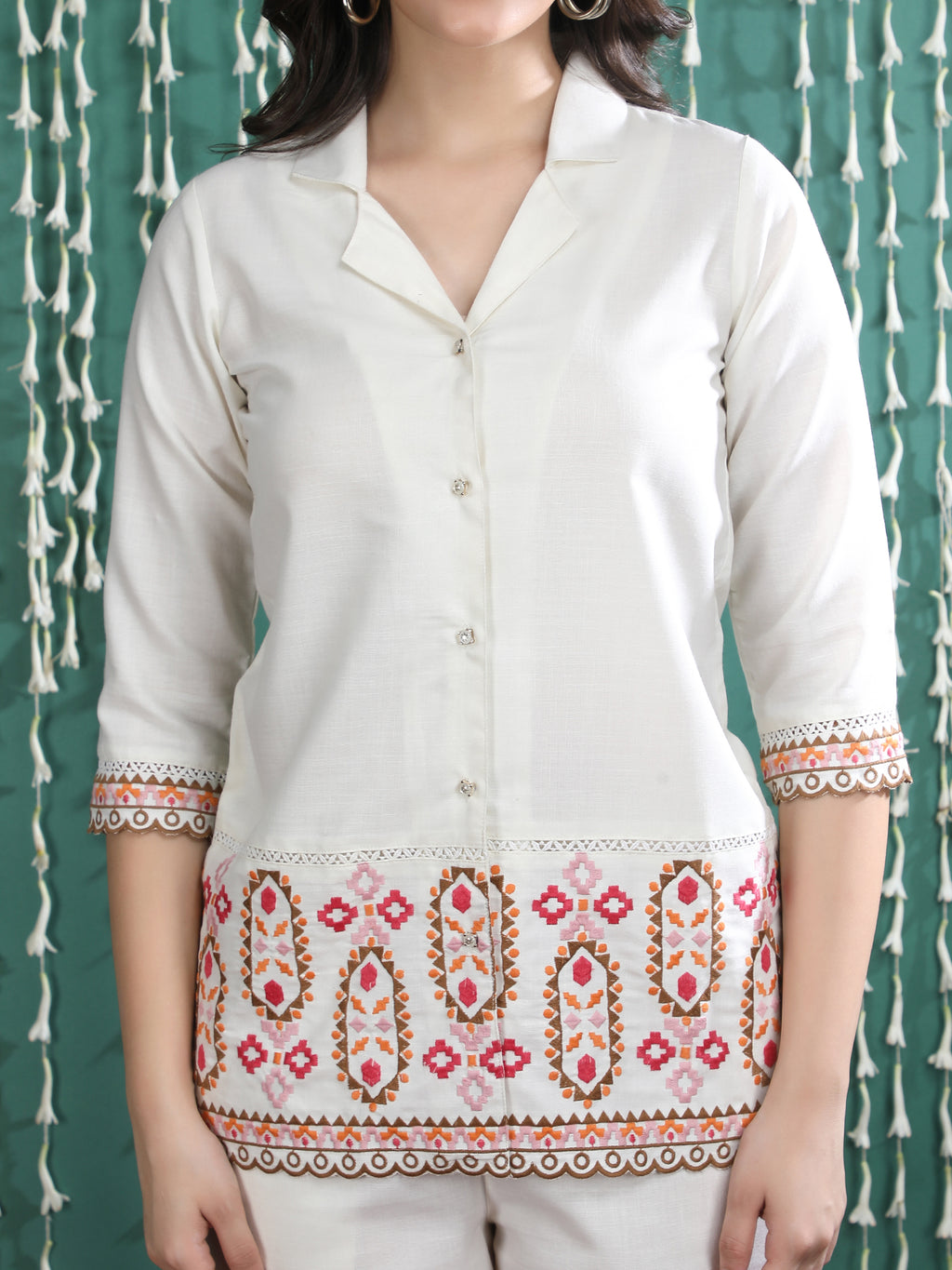 Embroidered Shirt Collar Tunic With Trousers Co-Ords