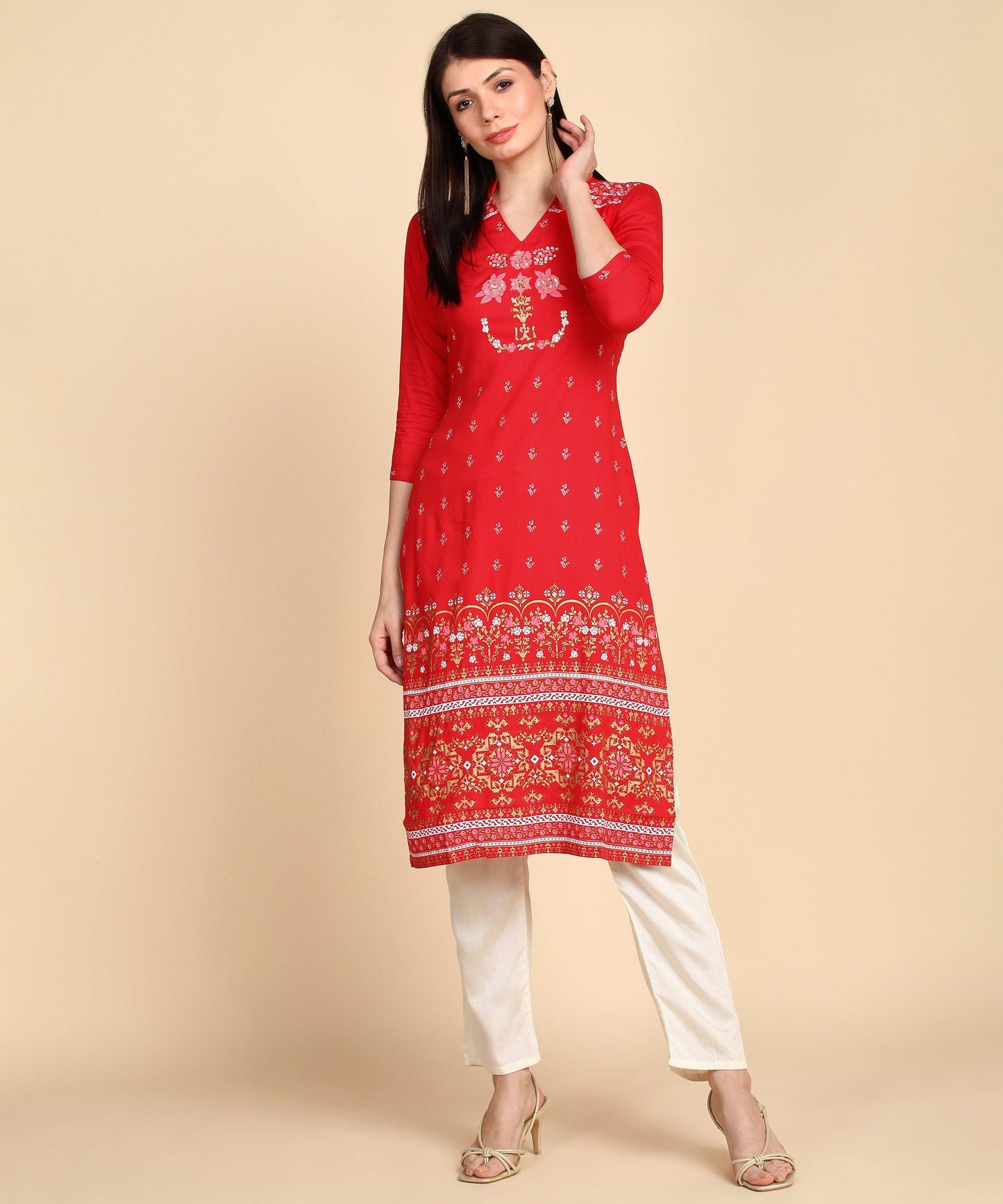 Zehra Women Yoke Print Red Straight Kurti Set