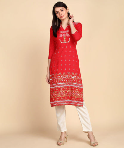 Zehra Women Yoke Print Red Straight Kurti Set