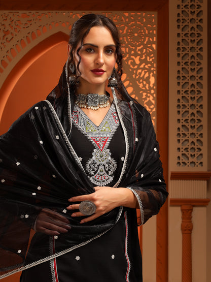 Kesar Muslin Black Embroidered Straight Kurta Set With Dupatta