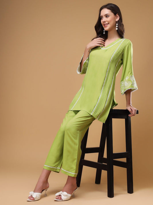 Amaira Green Floral Embroidered V-Neck Lace Top & Flared Trouser