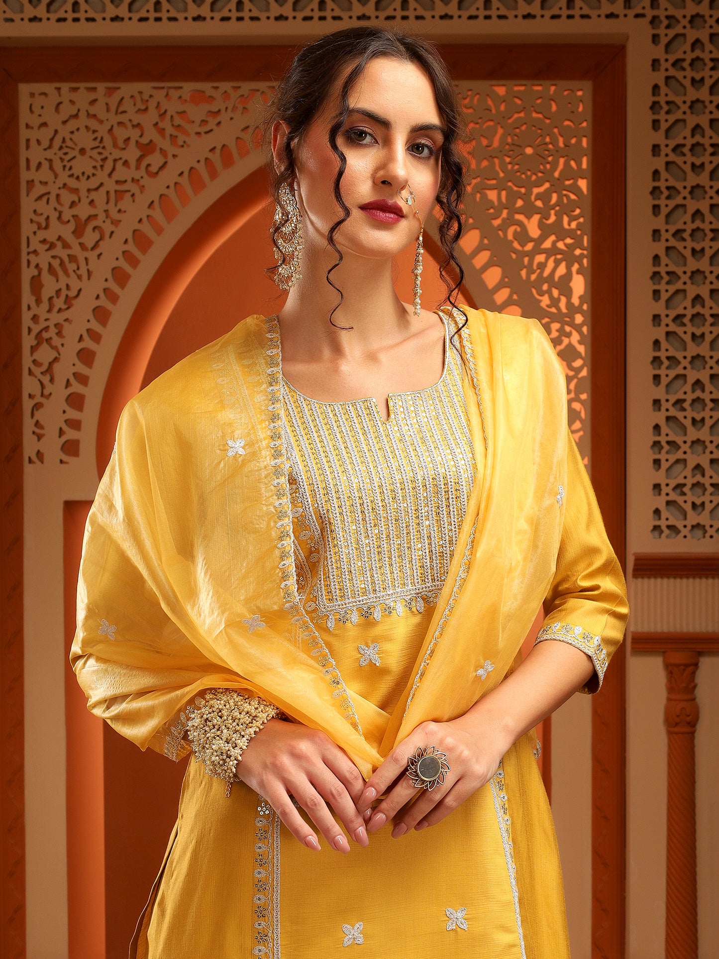 Trisha Mustard Muslin Embroidered Kurta Set with Dupatta