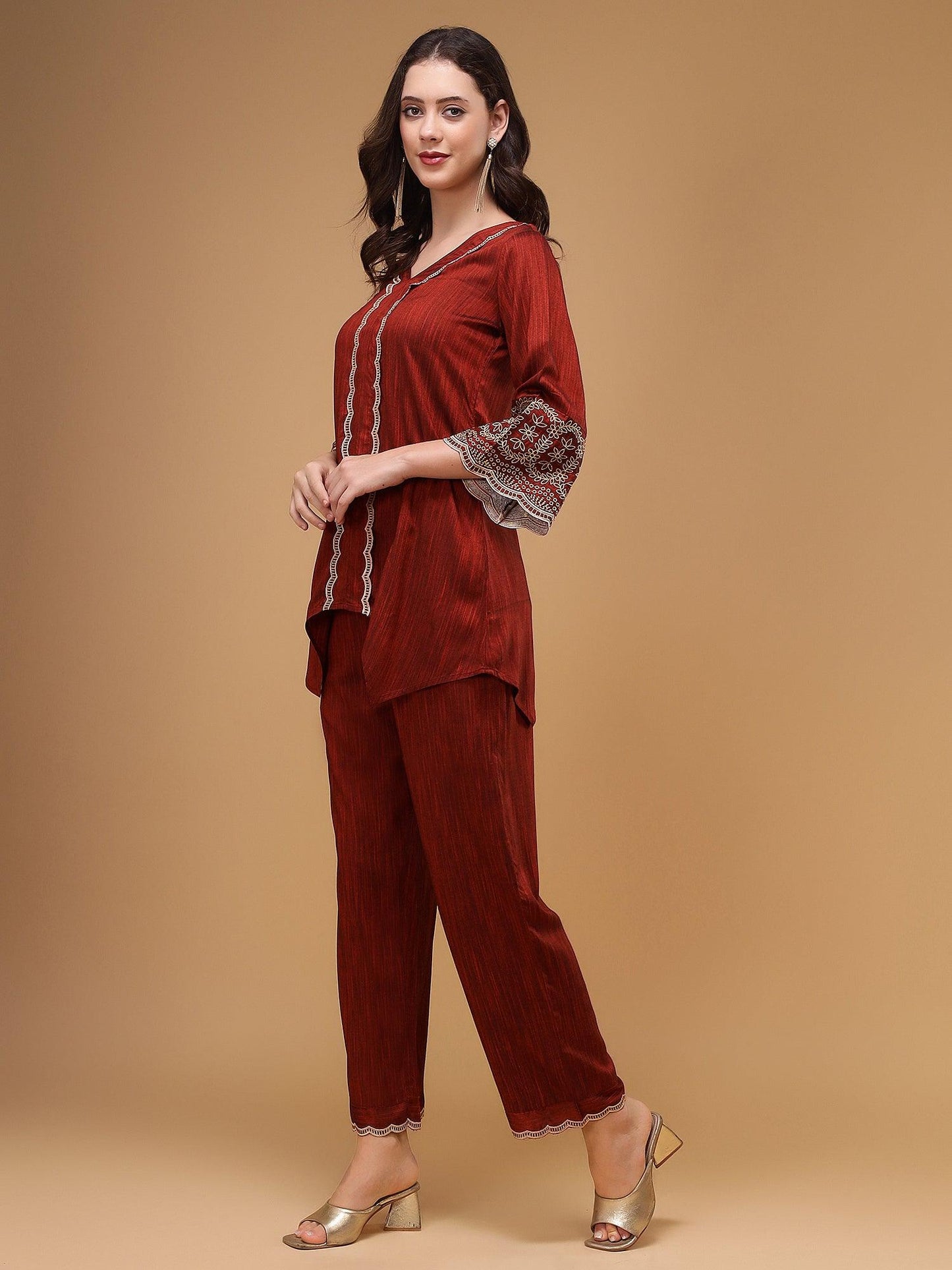 Ameera Liva Rust Red Embroidered Co-ord Set