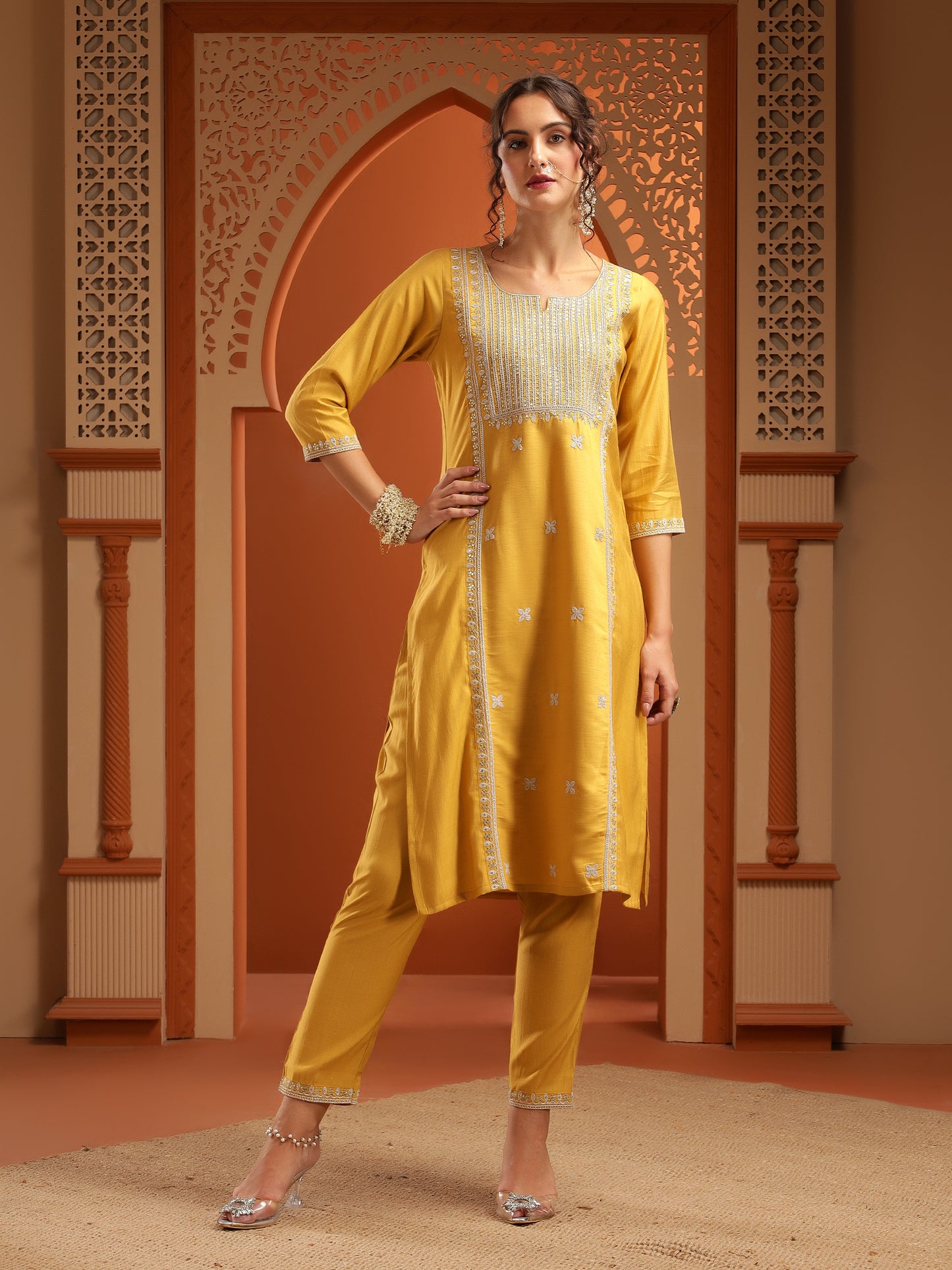 Trisha Mustard Muslin Embroidered Kurta Set with Dupatta