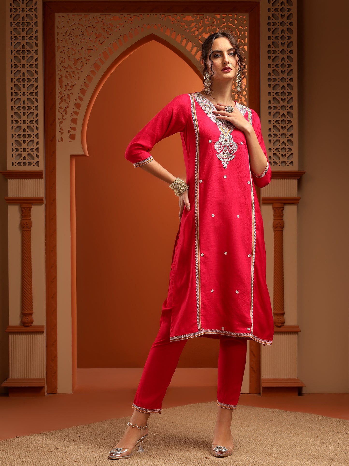 Kesar Muslin Red Embroidered Straight Kurta Set With Dupatta