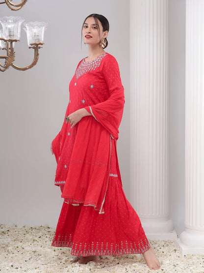 Bani Women Red Ethnic Motife Sharara Set with Dupatta