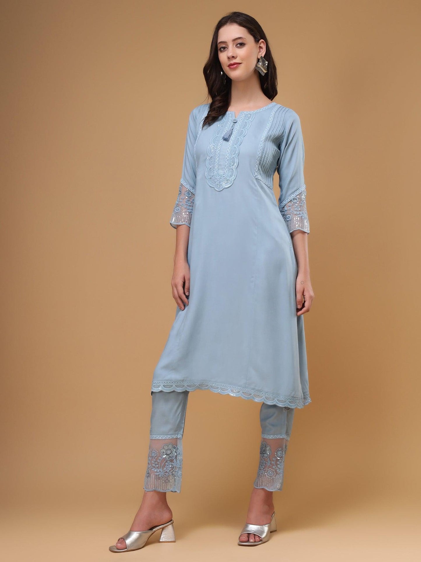 Bani Women Flared Embroidered Rayon Kurta with Trouser & Dupatta, Kurta Set for Women