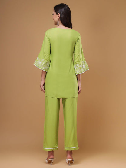 Amaira Green Floral Embroidered V-Neck Lace Top & Flared Trouser