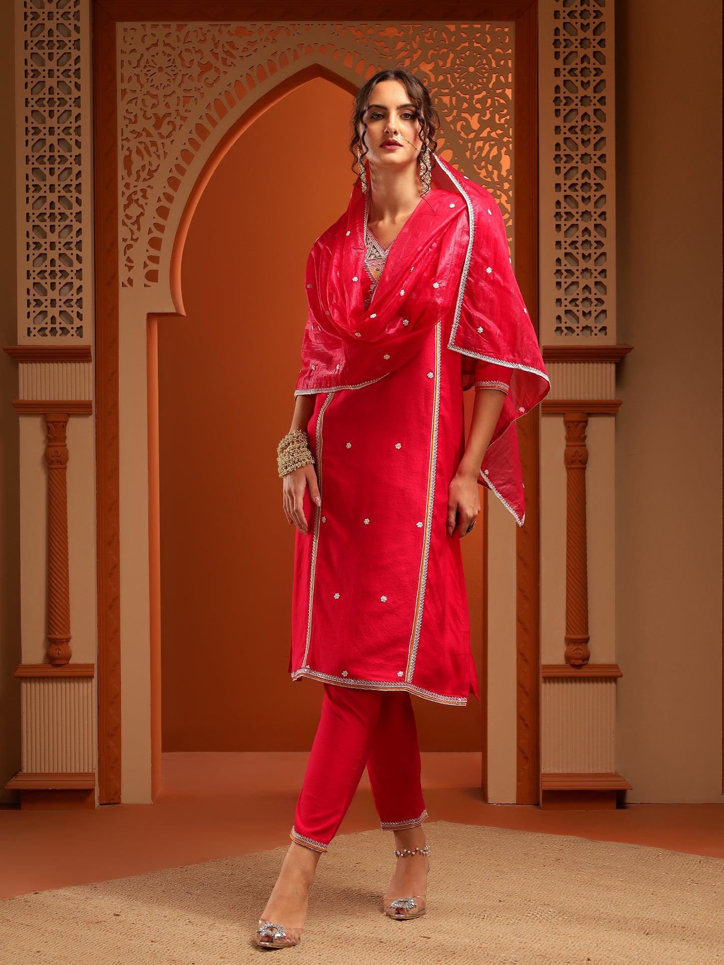 Kesar Muslin Red Embroidered Straight Kurta Set With Dupatta