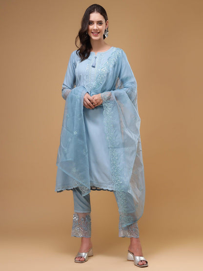 Bani Women Flared Embroidered Rayon Kurta with Trouser & Dupatta, Kurta Set for Women